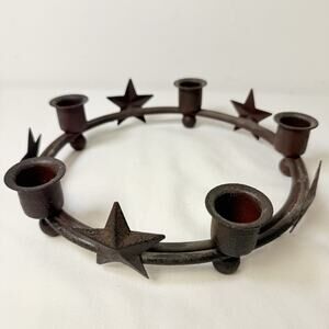 Rustic Metal Round Candle Candelabra Holder Folk Art